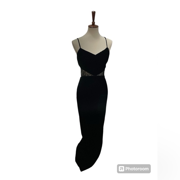 NWT Precious Formals Size 10 Black Velvet Gown with Sheer mid and back and beads - Picture 1 of 15